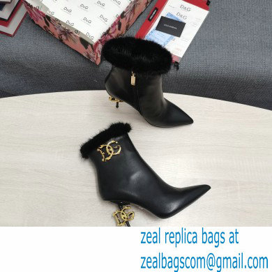 Dolce  &  Gabbana Mink Fur Thin Heel 10.5cm Leather Ankle Boots Black with Baroque DG Heel 2021